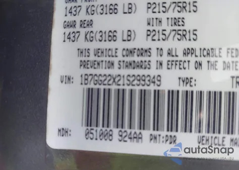 2001 Dodge Dakota Slt/Sport из США, поврежденный, VIN 1B7GG22X21S299349